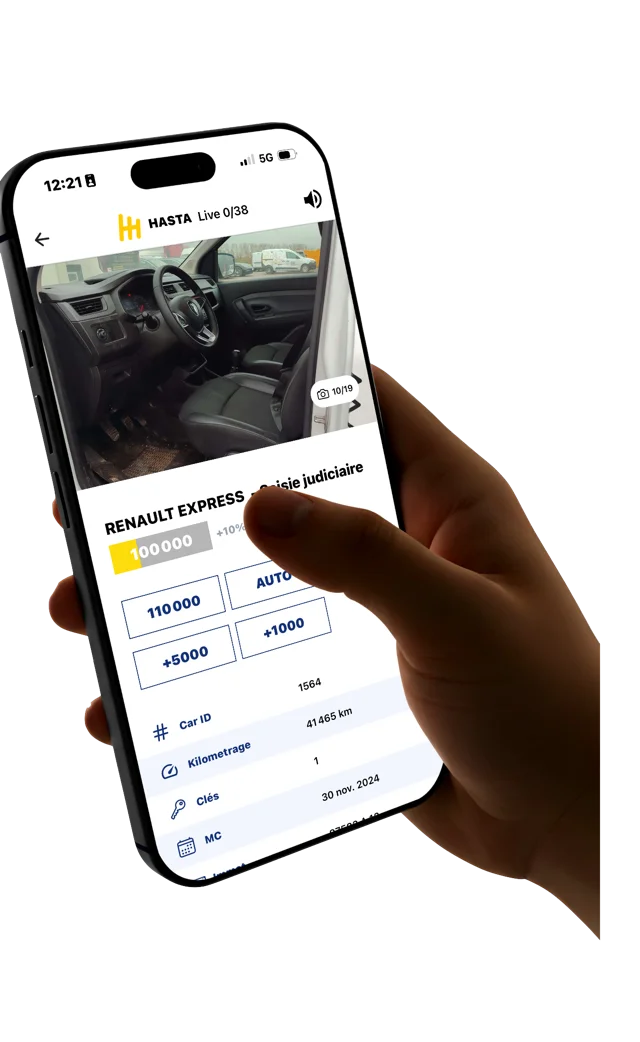 Interface Hasta : enchère en direct sur un véhicule